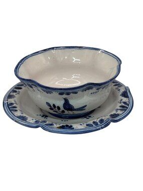 Antique Italian Blue White Ceramic Cup Teacup Saucer Set Floral And Bird Design